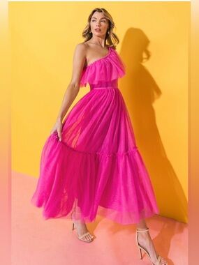 Flying Tomato One-Shoulder Hot Pink Tulle Midi Dress Medium